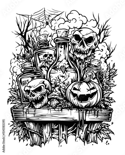 Hand Drawn Halloween Themed Illustration with Skull Bottles and Pumpkin