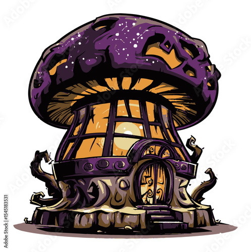 Magical Mushroom House with Fantasy Elements and Vibrant Colors in Vector Style