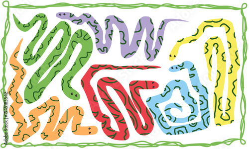 Colorful Winding Snakes Illustration, This cheerful artwork has a doodle or cartoon aesthetic, perfect for children's themes or whimsical designs.