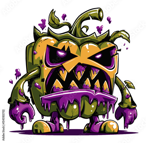 Vivid Green Monster with Purple Details in Vector Art Style