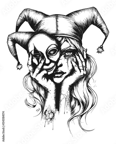 Hand-Drawn Illustration of a Masked Figure with an Emotional Expression