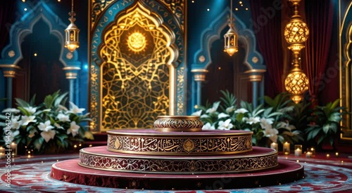 Intricate golden stage decorated for cultural celebration or religious ceremony