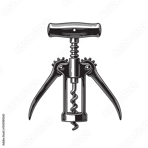 Vintage art silhouette illustration of a lever corkscrew opener isolated on white background