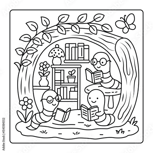 Cozy Tree Library with Worms – Tiny Gardens Cute & Comfy Coloring Pages