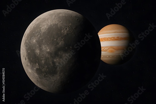 Realistic depiction of the moon and jupiter set against a vast star-filled cosmic background.