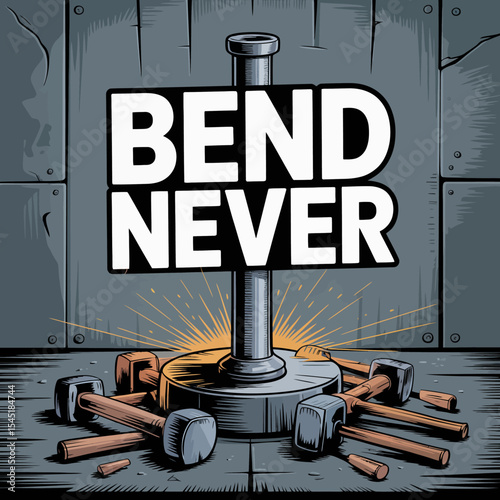 Strong Metal Post Unbending Hammers Resilience Graphic Design Industrial Strength Never Bend Motivational Perseverance Powerful Image Bold Typography Vintage Style Metalworking Fortitude Unbreakable  