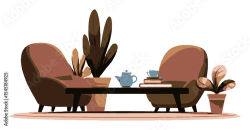 Cozy Living Room Scene with Stylish Chairs and Decorative Plants