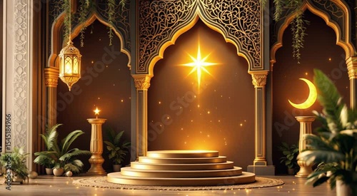 Golden stage illuminated by glowing star and crescent moon in decorative interior