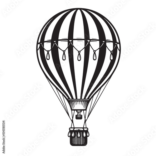 Vintage art silhouette of a classic striped hot air balloon ascending towards the sky for adventure and exploration
