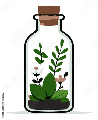 Cartoon Vector Illustration of a Jar Containing Green Plants and Flowers