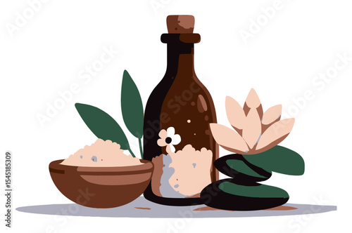 Vector Cartoon of Relaxing Spa Elements with Bottle, Lotus, and Bowl