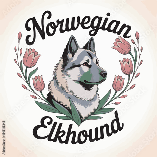 Norwegian Elkhound Dog Portrait with Pink Tulips Floral Wreath Illustration vector