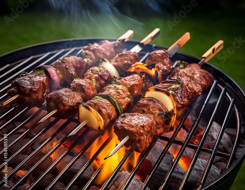 grilled meat skewers on barbecue grill with glowing coals for summer bbq