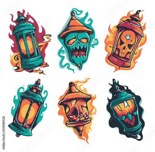 Spooky Lanterns and Ghostly Skulls in Vibrant Vector Art Design