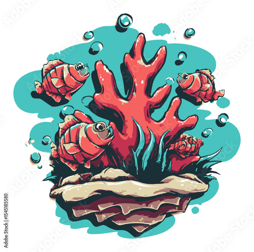 Vibrant Coral Reef Scene with Colorful Fish and Bubbles in Vector Style
