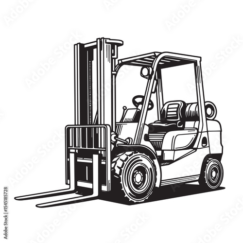 Vintage art silhouette of a forklift in black and white showing logistics and industrial transportation
