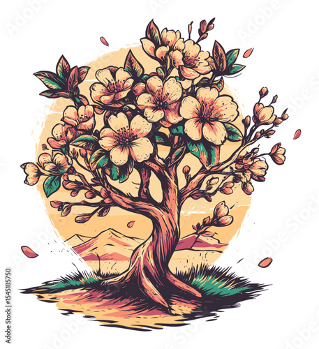 Detailed illustration of a blooming tree with flowers and landscape background