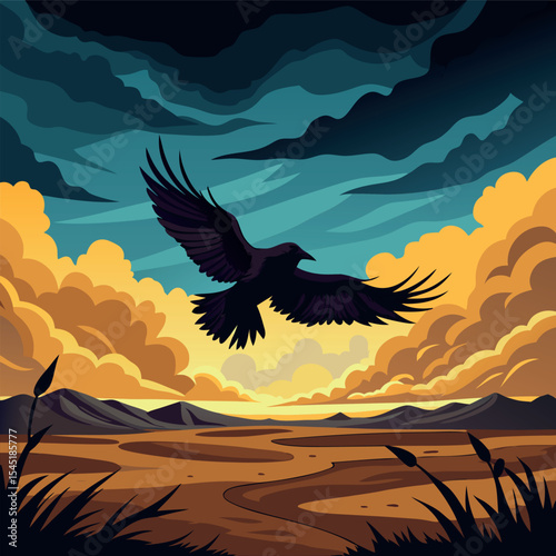 Flying raven above a desolate field with dramatic cloudy sky, high-detail silhouette, 4K resolution.