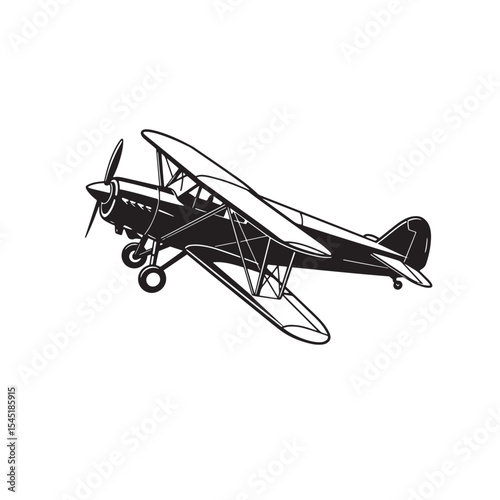 Vintage biplane aircraft illustration black and white silhouette art for aviation and design