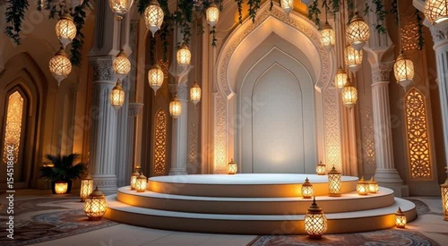 Elegant arabian interior decorated with glowing lanterns for festive events or celebrations