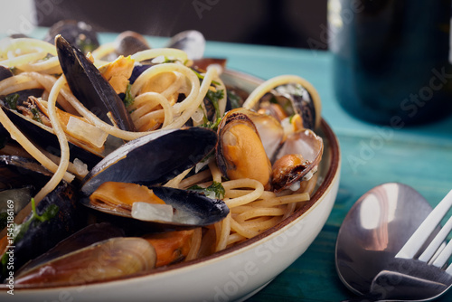 Scottish mussels with pasta in a garlic butter and white wine sauce.