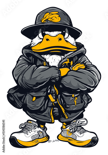 Stylized Cartoon Duck Character in Urban Fashion with Hooded Jacket and Sneakers