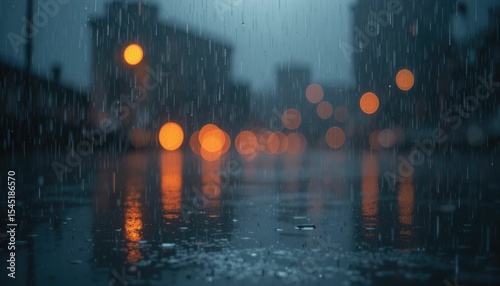 Rain and Orange Lights Reflected in a Dark Abstract Water