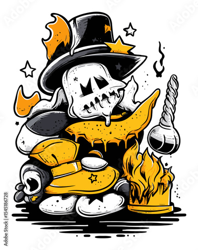 Creative Vector Illustration of a Skull Character with Paint and Fire