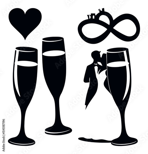 Elegant Silhouette of Champagne Glasses and Romantic Symbols for Celebrations