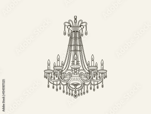Elegant Black and White Engraving of a Crystal Chandelier