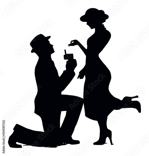 Elegant Silhouette of Man Proposing to Woman in Formal Attire Against White Background