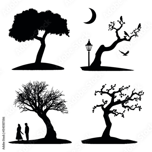 Diverse Silhouettes of Trees and Nature Elements Against a Simple Background