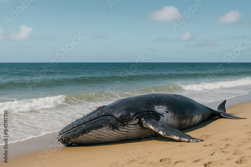 A large blue whale stranded on the shoreline lies unconscious.