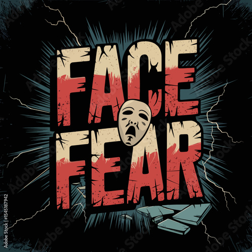 Distressed Text Effect Face Fear Horror Design Vintage Style Graphic Red White Mask Broken Glass Dramatic Typography Scary Halloween Poster Template Creepy Illustration Grunge Background Dark         