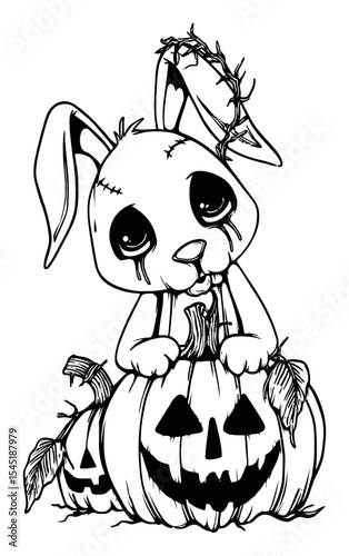 Cute Hand-Drawn Halloween Bunny with Pumpkins and Spooky Expression