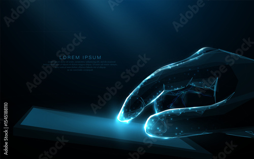 A male hand touching a tablet. From lines and triangles, a pointy, starry connecting network on a blue background. Illustration vector