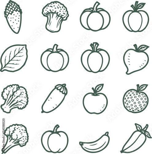 A set of fruits and vegetables. Vegetables and fruit line editable icon set. Containing a vegetarian symbols icons collection