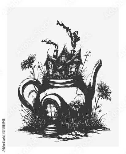Whimsical Teapot House Surrounded by Flowers and Grass in Hand-Drawn Style