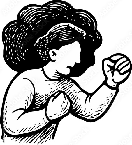 Expressive black and white illustration of a curly-haired person in a fighting stance, clenched fist raised, symbolizing strength, resilience, and emotional empowerment in hand-drawn style