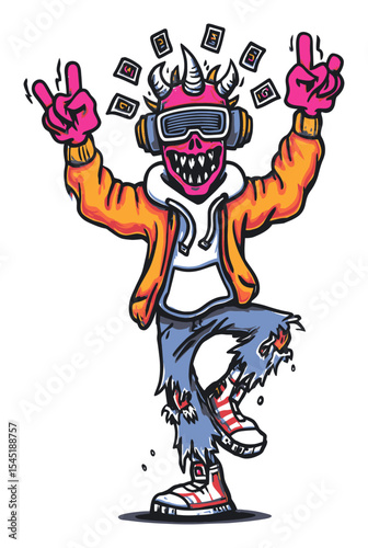 Colorful Cartoon Character Dancing with Headphones and Stylish Outfit