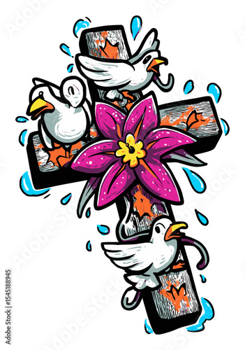 Colorful Cartoon Cross with Doves and Flower in Vibrant Style