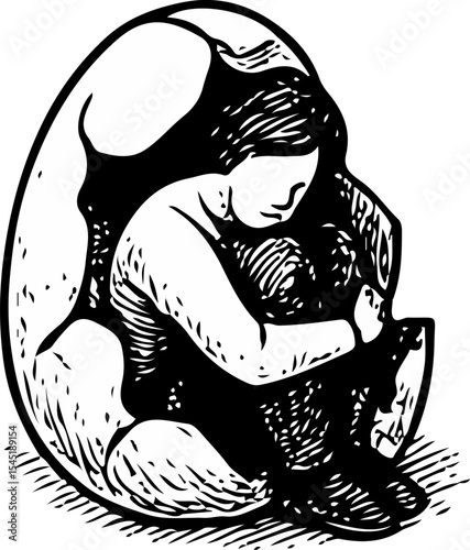 Black and white illustration of a person curled inside a cracked egg, symbolizing vulnerability, transformation, and emotional rebirth in a delicate, expressive hand-drawn style