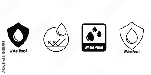 Water proof icon set. Water resistant symbol. Water protection, liquid proof protection. Shield with water drop. Anti wetting material, surface protection. Vector illustration.