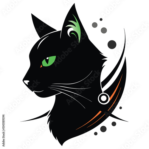 Striking Black Cat Head Profile with Green Eyes and Abstract Elements