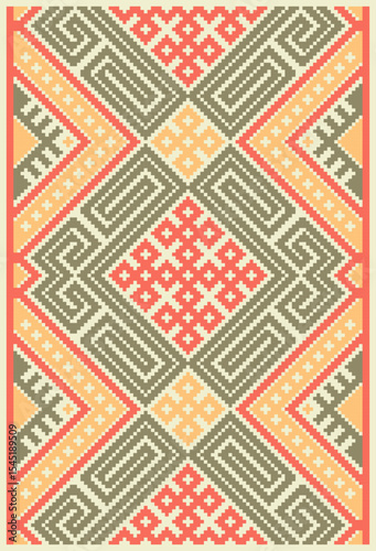 Hutsul Ornament. Bold geometry, rhythmic symmetry, and rich symbolism. Typical motifs include diamonds, crosses, stars, zigzags, solar signs, and modular linework. 