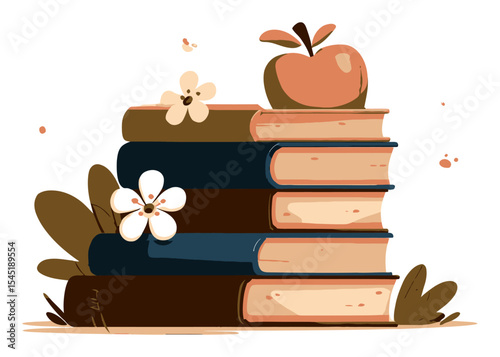 Colorful Cartoon Stack of Books with Flowers and Apple Illustration