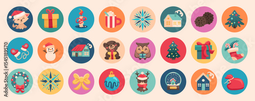 Round Christmas stickers in kids style. Merry Christmas and Happy New Year. Vector illustration, childlike labels with cute characters and elements