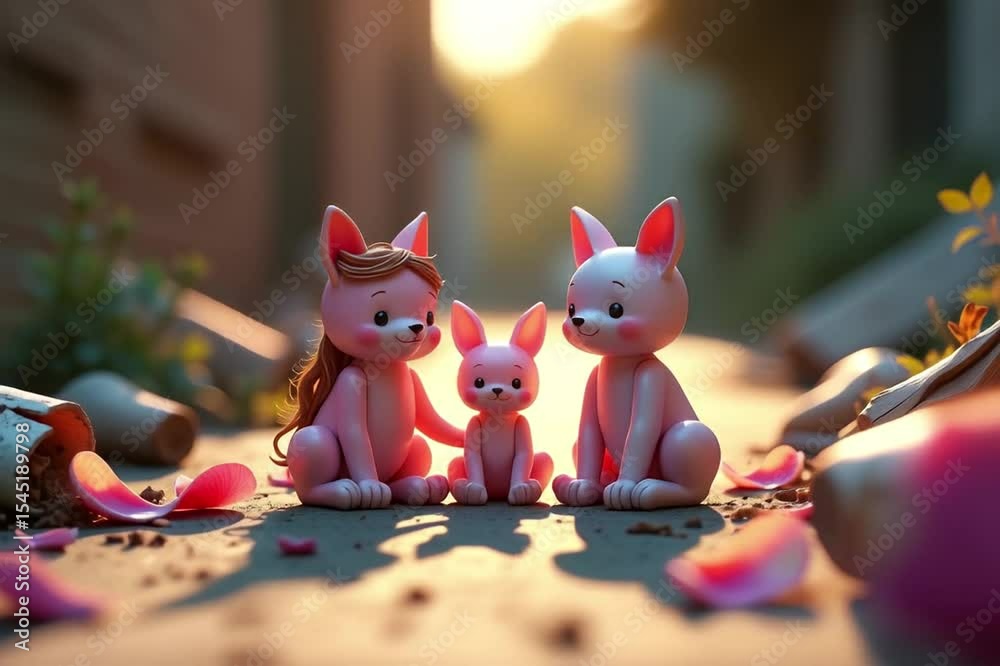 image shows group three pink rabbits sitting top dirt ground surrounded flower petals wooden logs plants objects