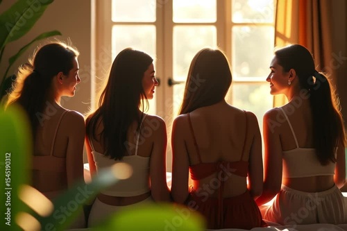 image shows four women sitting bed looking window left side bed plant right side lamp