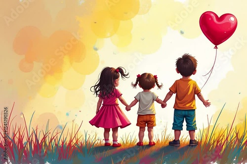 image shows three children holding hands walking field flowers balloon air children sur